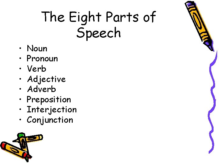 The Eight Parts of Speech • • Noun Pronoun Verb Adjective Adverb Preposition Interjection