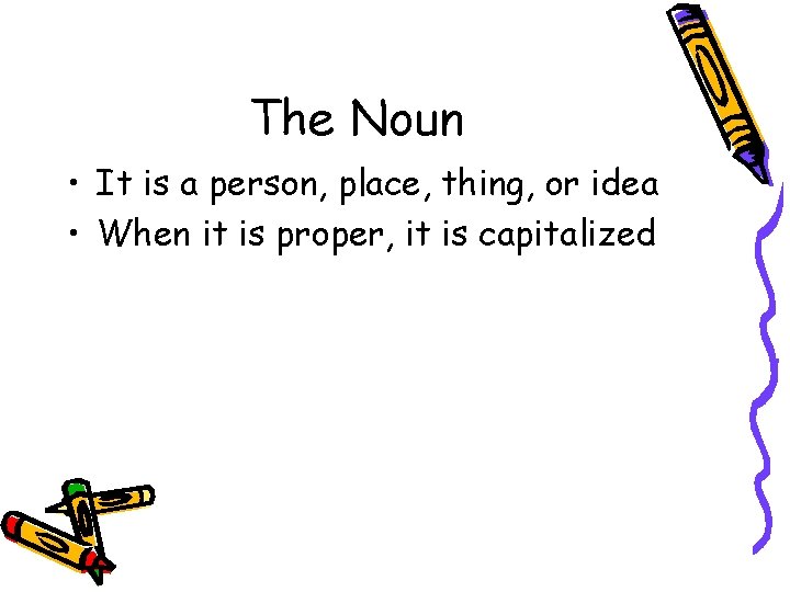 The Noun • It is a person, place, thing, or idea • When it