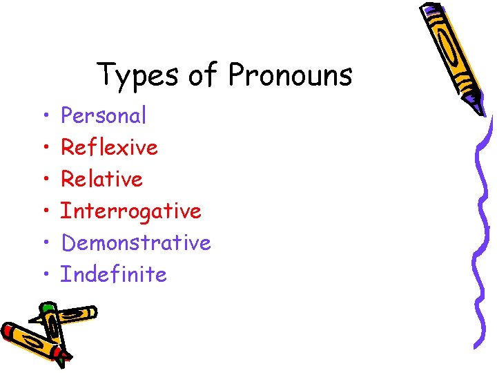 Types of Pronouns • • • Personal Reflexive Relative Interrogative Demonstrative Indefinite 