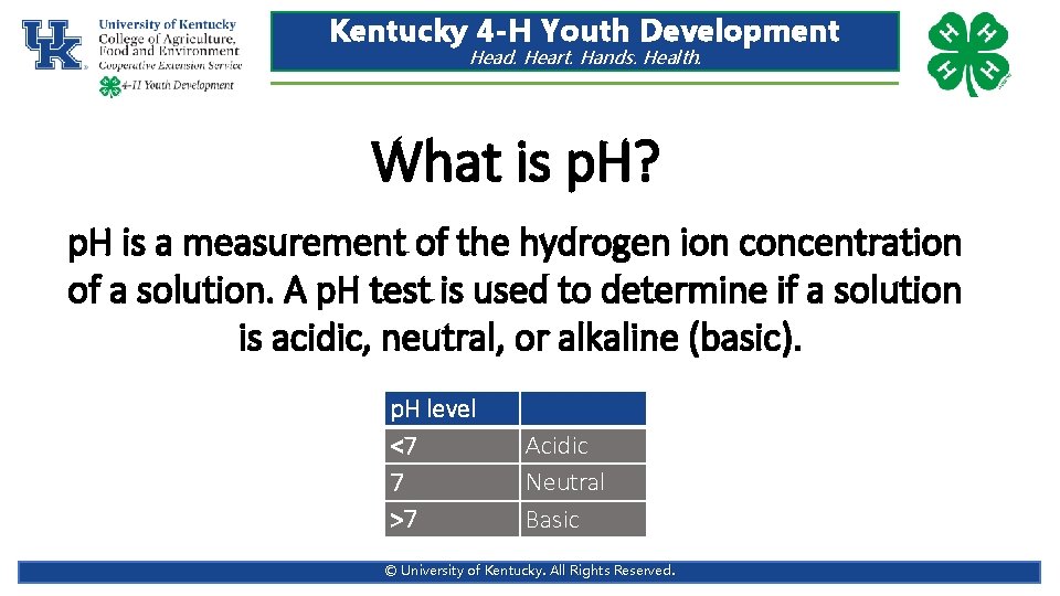 Kentucky 4 -H Youth Development Head. Heart. Hands. Health. What is p. H? p. Kentucky 4 -H Youth Development Head. Heart. Hands. Health. What is p. H? p.