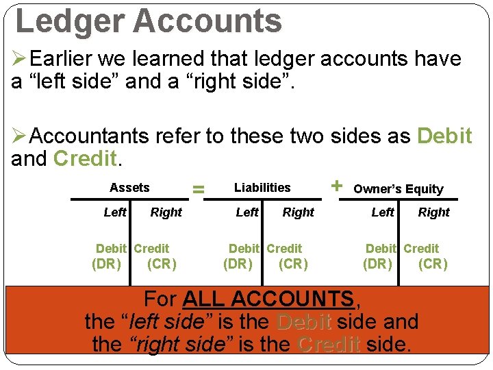 Ledger Accounts ØEarlier we learned that ledger accounts have a “left side” and a