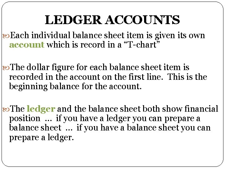 LEDGER ACCOUNTS Each individual balance sheet item is given its own account which is