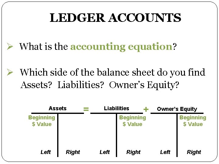 LEDGER ACCOUNTS Ø What is the accounting equation? equation Ø Which side of the