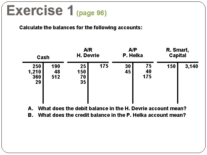 Exercise 1 (page 96) Calculate the balances for the following accounts: A/R H. Devrie