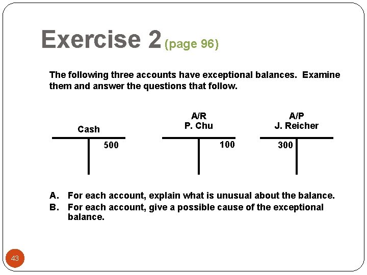 Exercise 2 (page 96) The following three accounts have exceptional balances. Examine them and