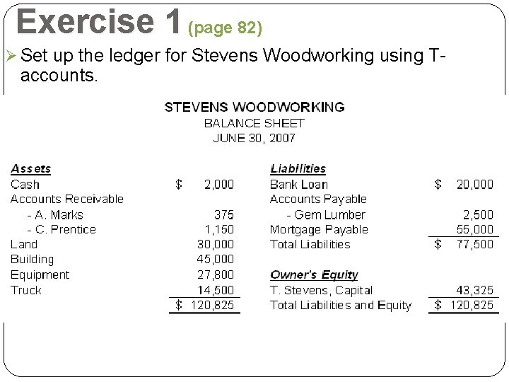 Exercise 1 (page 82) Ø Set up the ledger for Stevens Woodworking using T-