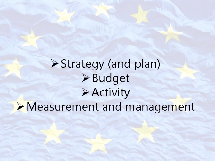 Ø Strategy (and plan) Ø Budget Ø Activity Ø Measurement and management 