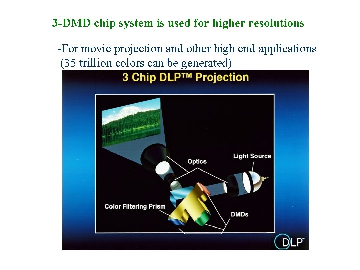 3 -DMD chip system is used for higher resolutions -For movie projection and other