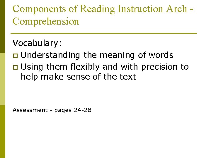 Components of Reading Instruction Arch Comprehension Vocabulary: p Understanding the meaning of words p