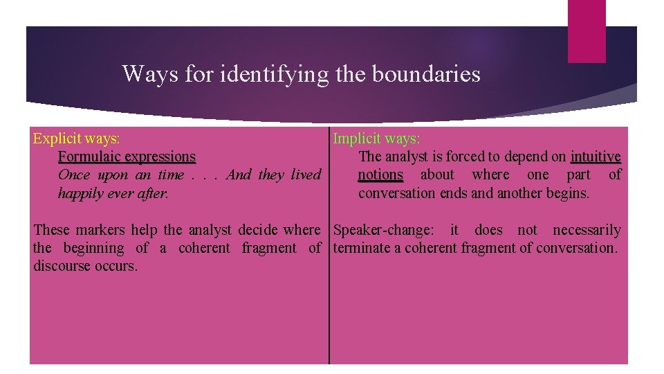 Ways for identifying the boundaries Explicit ways: Implicit ways: Formulaic expressions The analyst is