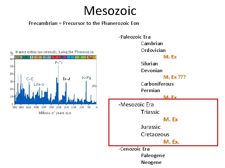 Mesozoic Precambrian = Precursor to the Phanerozoic Eon -Paleozoic Era Cambrian Ordovician M. Ex