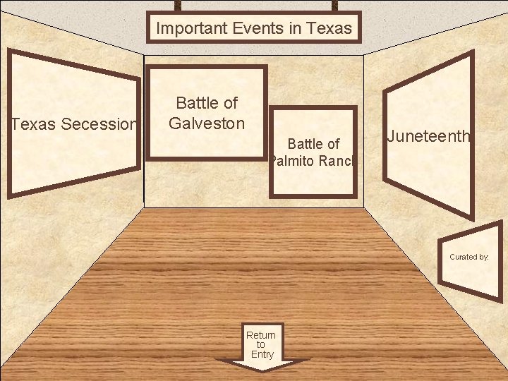 Important Events in Texas Room 1 Texas Secession Battle of Galveston Battle of Palmito