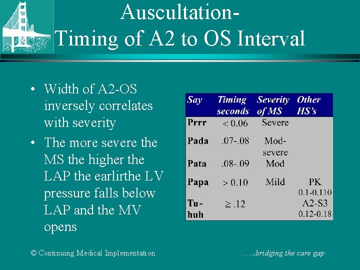 Auscultation. Timing of A 2 to OS Interval • Width of A 2 -OS