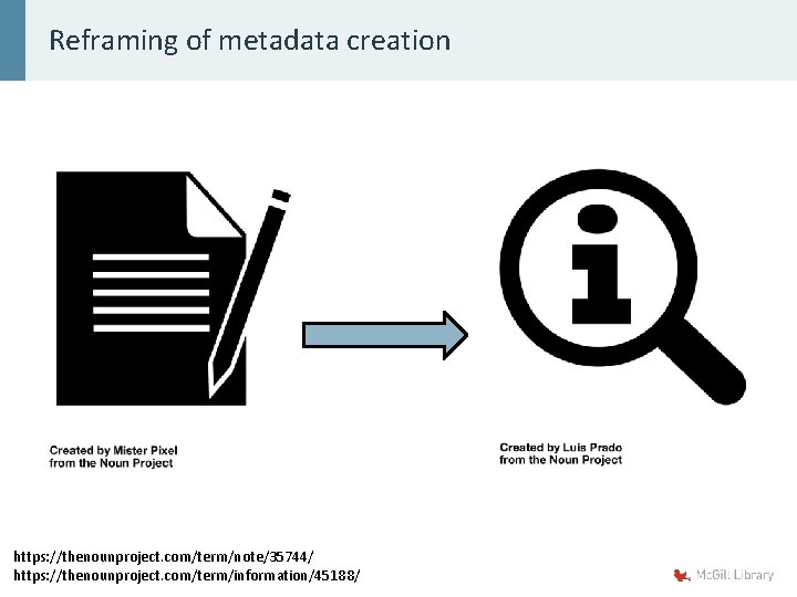 Reframing of metadata creation https: //thenounproject. com/term/note/35744/ https: //thenounproject. com/term/information/45188/ 