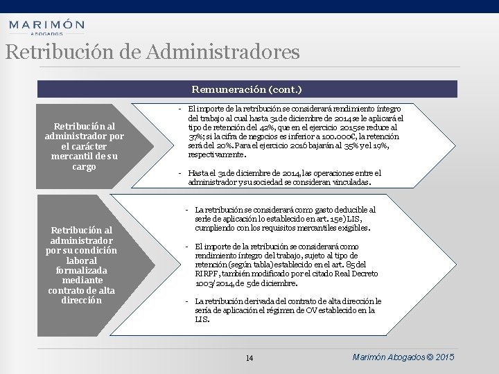 Retribución de Administradores Remuneración (cont. ) Retribución al administrador por el carácter mercantil de