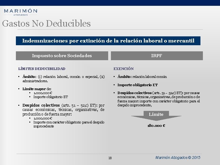 Gastos No Deducibles Indemnizaciones por extinción de la relación laboral o mercantil Impuesto sobre