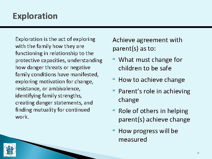 Exploration is the act of exploring with the family how they are functioning in