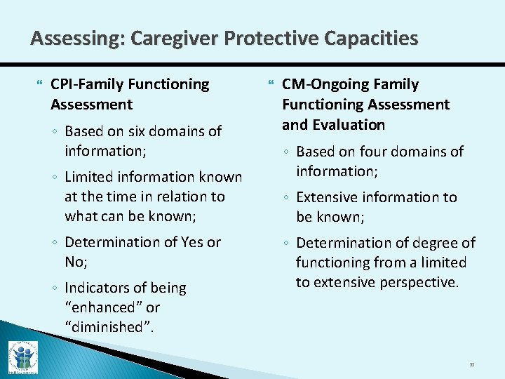 Assessing: Caregiver Protective Capacities CPI-Family Functioning Assessment ◦ Based on six domains of information;