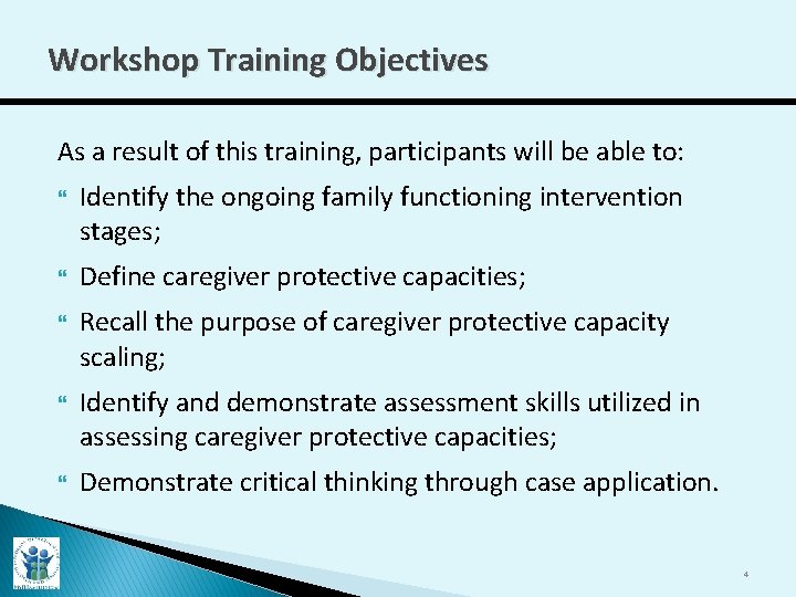 Workshop Training Objectives As a result of this training, participants will be able to: