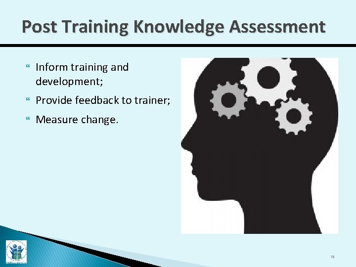Post Training Knowledge Assessment Inform training and development; Provide feedback to trainer; Measure change.