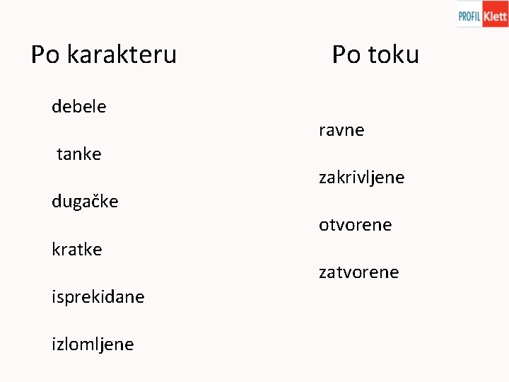 Po karakteru debele tanke dugačke kratke isprekidane izlomljene Po toku ravne zakrivljene otvorene zatvorene