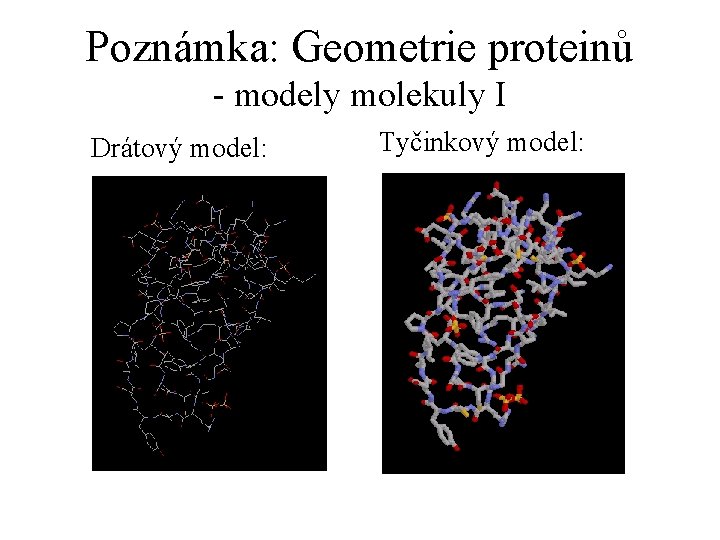Poznámka: Geometrie proteinů - modely molekuly I Drátový model: Tyčinkový model: 