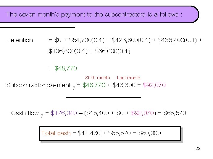 The seven month’s payment to the subcontractors is a follows : Retention = $0 The seven month’s payment to the subcontractors is a follows : Retention = $0