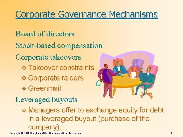 Corporate Governance Mechanisms Board of directors Stock-based compensation Corporate takeovers v Takeover constraints v