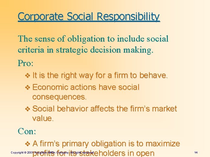 Corporate Social Responsibility The sense of obligation to include social criteria in strategic decision