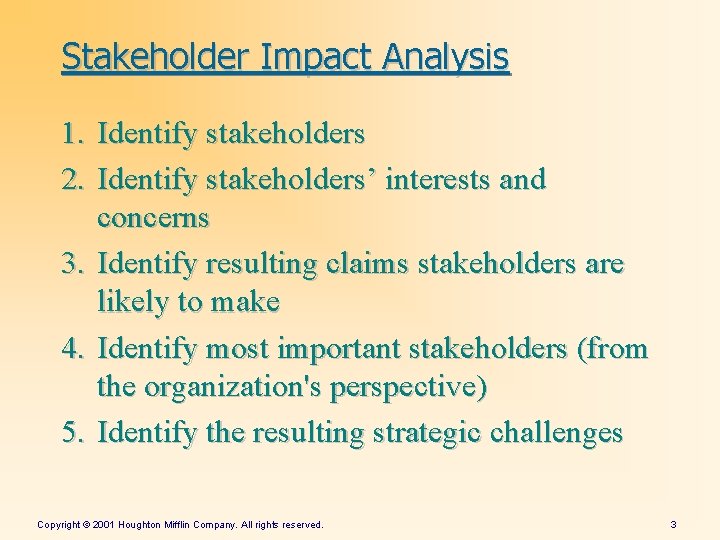 Stakeholder Impact Analysis 1. Identify stakeholders 2. Identify stakeholders’ interests and concerns 3. Identify