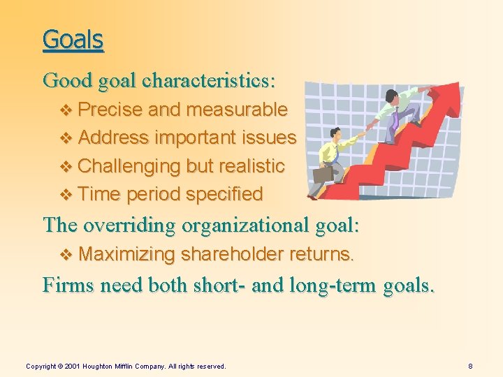 Goals Good goal characteristics: v Precise and measurable v Address important issues v Challenging