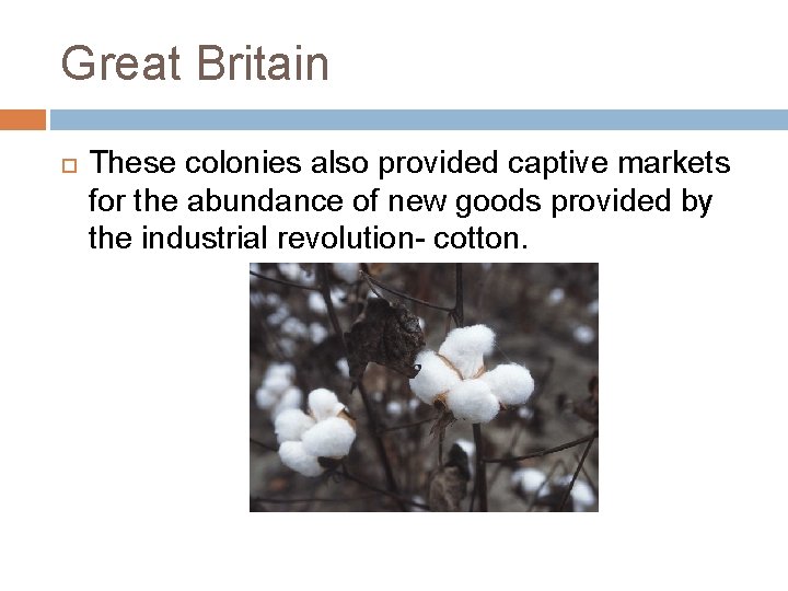 Great Britain These colonies also provided captive markets for the abundance of new goods