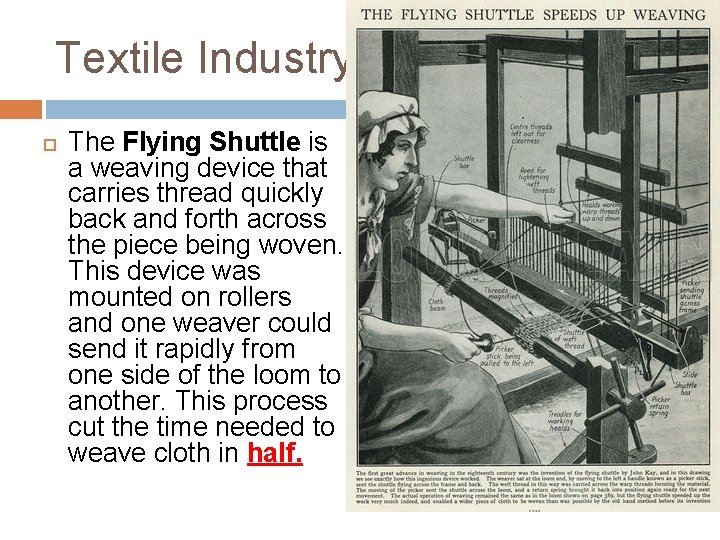 Textile Industry The Flying Shuttle is a weaving device that carries thread quickly back