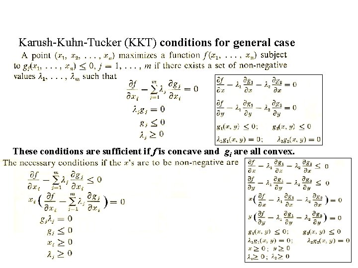 Karush-Kuhn-Tucker (KKT) conditions for general case These conditions are sufficient if f is concave