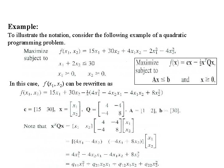 Example: To illustrate the notation, consider the following example of a quadratic programming problem.