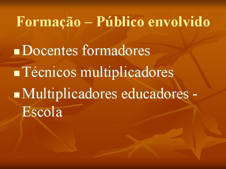 Formação – Público envolvido Docentes formadores n Técnicos multiplicadores n Multiplicadores educadores Escola n