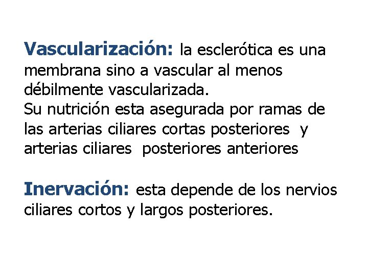 Vascularización: la esclerótica es una membrana sino a vascular al menos débilmente vascularizada. Su