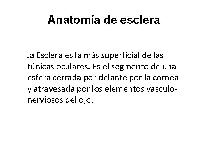 Anatomía de esclera La Esclera es la más superficial de las túnicas oculares. Es