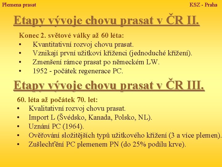 Plemena prasat KSZ - Praha Etapy vývoje chovu prasat v ČR II. Konec 2.