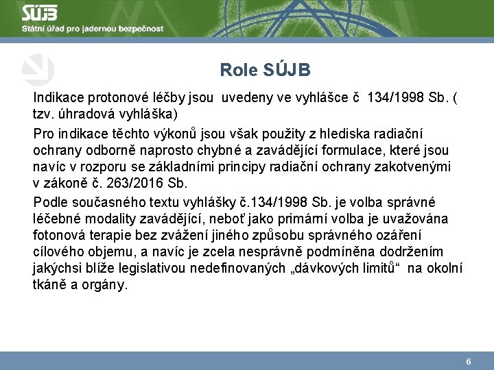 Role SÚJB Indikace protonové léčby jsou uvedeny ve vyhlášce č 134/1998 Sb. ( tzv.