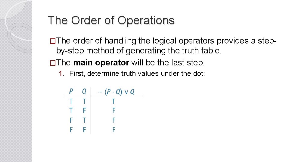 The Order of Operations �The order of handling the logical operators provides a step-