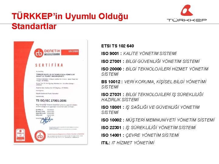 TÜRKKEP’in Uyumlu Olduğu Standartlar ETSI TS 102 640 ISO 9001 : KALİTE YÖNETİM SİSTEMİ