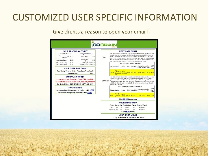 CUSTOMIZED USER SPECIFIC INFORMATION Give clients a reason to open your email! 