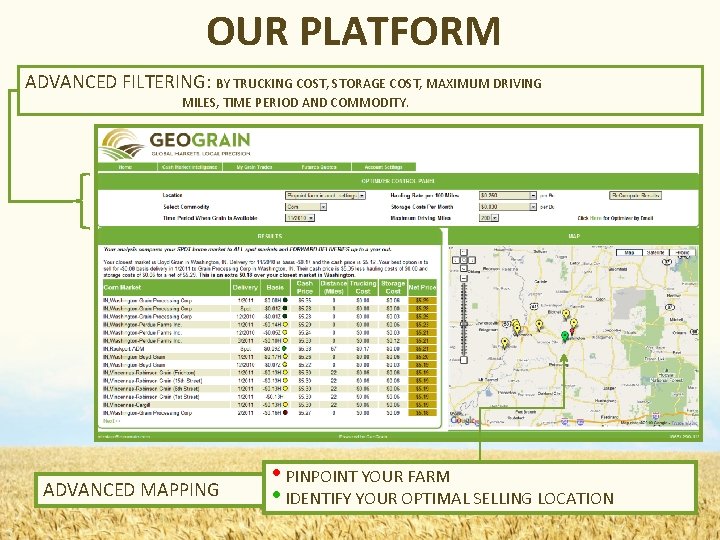 OUR PLATFORM ADVANCED FILTERING: BY TRUCKING COST, STORAGE COST, MAXIMUM DRIVING MILES, TIME PERIOD