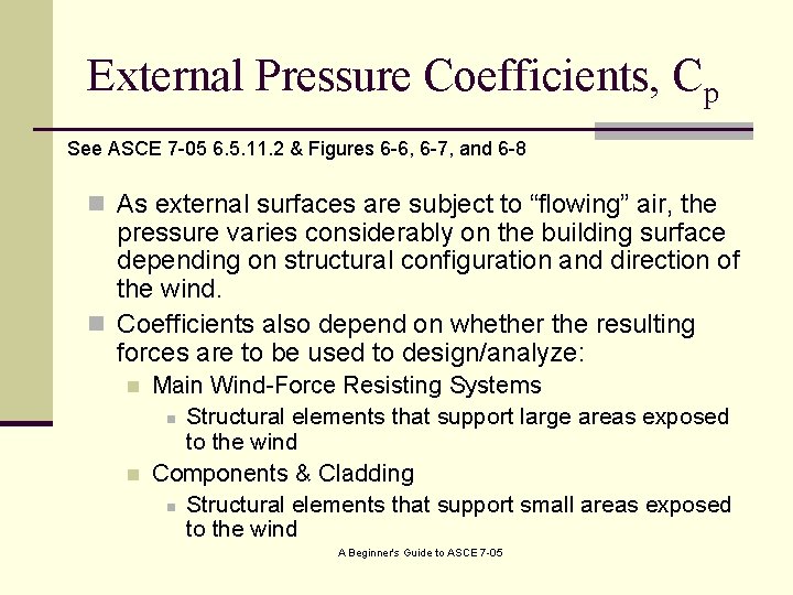 External Pressure Coefficients, Cp See ASCE 7 -05 6. 5. 11. 2 & Figures