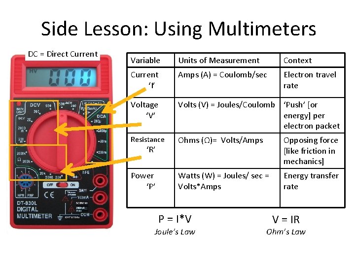 Side Lesson: Using Multimeters DC = Direct Current Variable Units of Measurement Context Current