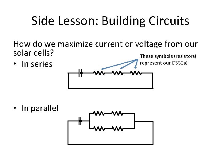 Side Lesson: Building Circuits How do we maximize current or voltage from our solar