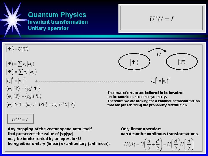 Quantum Physics Invariant transformation Unitary operator The laws of nature are believed to be