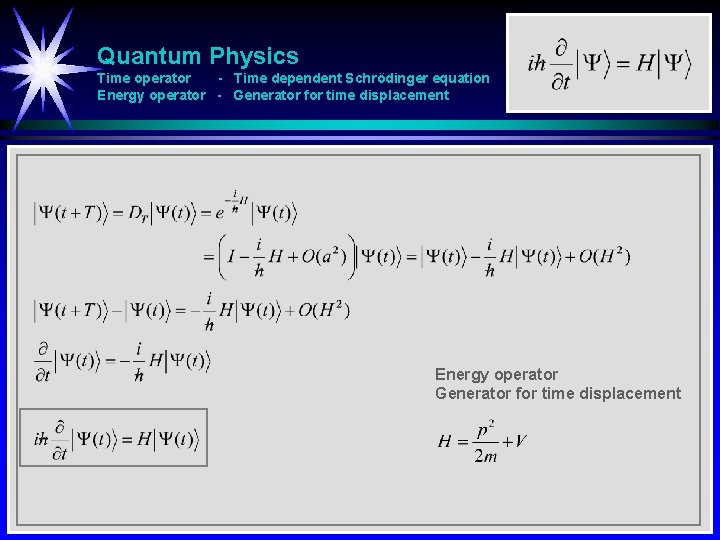 Quantum Physics Time operator - Time dependent Schrödinger equation Energy operator - Generator for