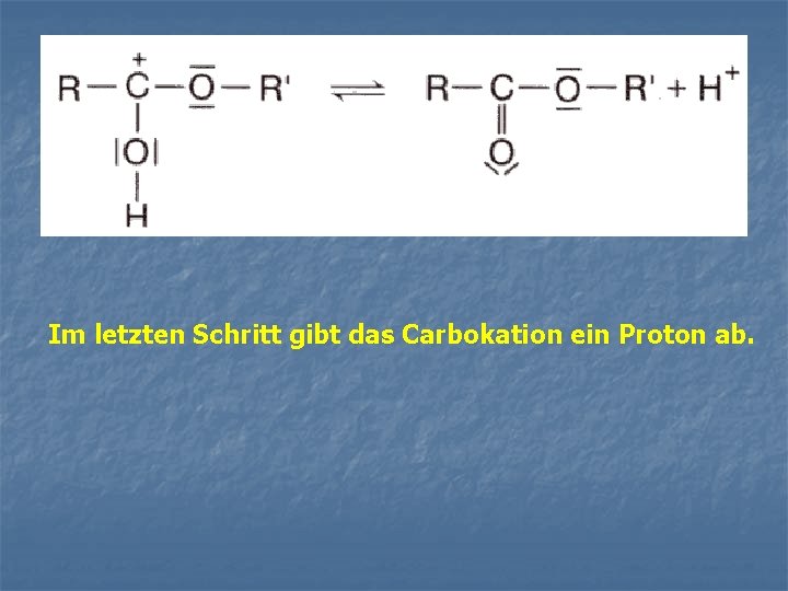 Im letzten Schritt gibt das Carbokation ein Proton ab. 